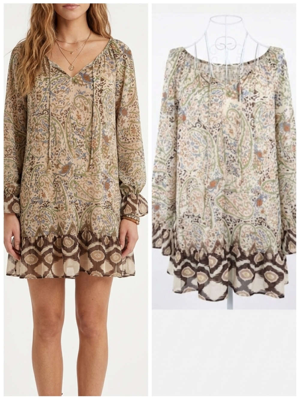 American Rag Cie tan boho floral and paisley sheer long sleeve dress size Large